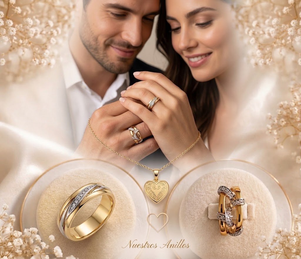 Pareja luciendo anillos y collar Terry's Oro